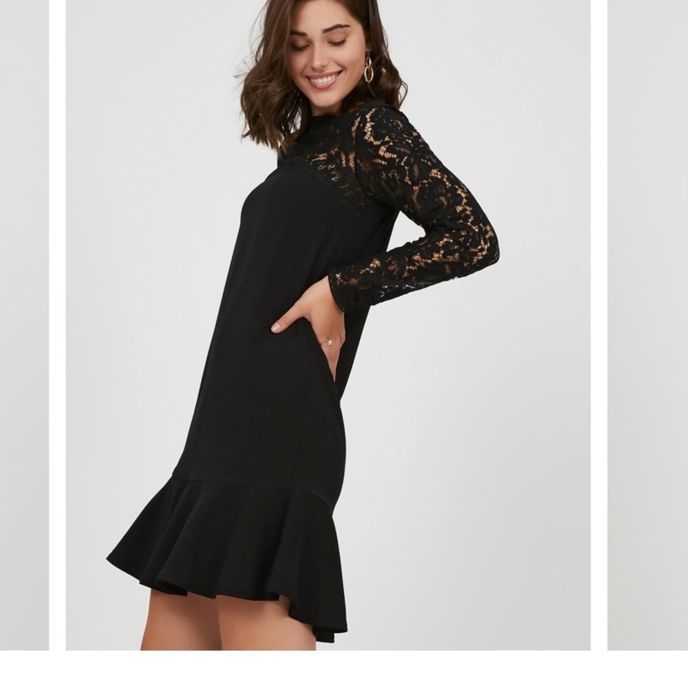 Flounce Mini Black Dress with Lace Detail for Sleeves